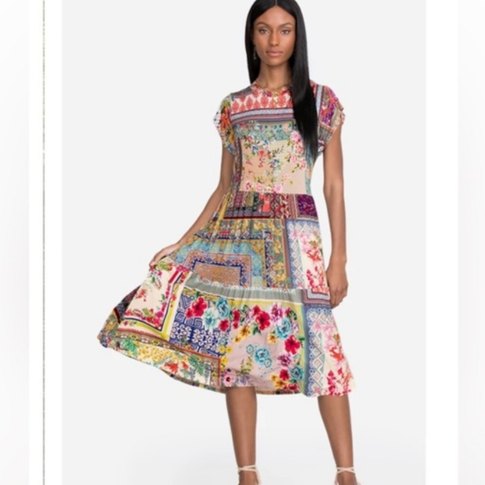 Johnny Was Anika Patchwork Midi Floral Dress.